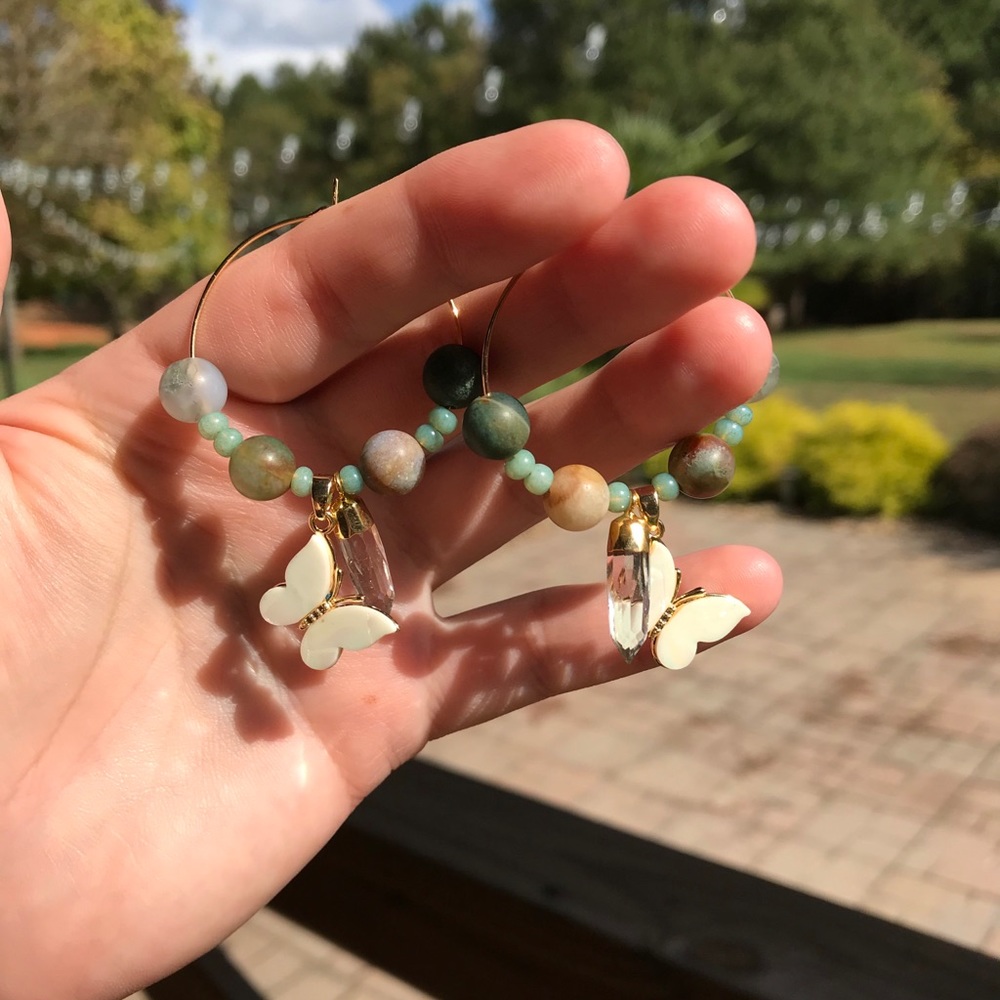 Indian Agate Butterfly Quartz Gold Hoop Earrings - Picture 5 of 8